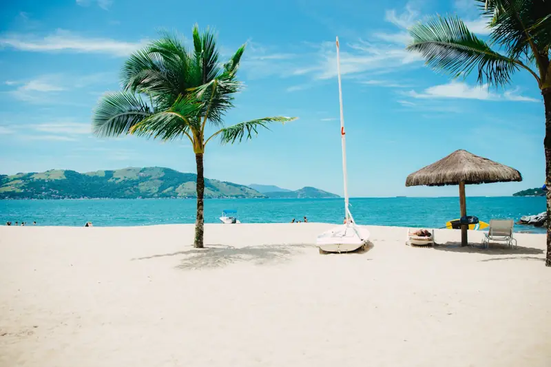 Palm trees and a thatched parasol on a white-sand beach beside calm blue sea